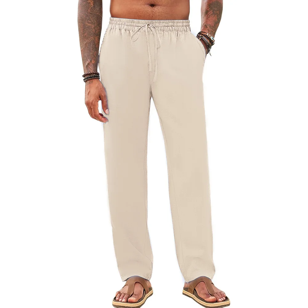 

Spring Summer Men's Cotton Linen Pants Casual Basic Beach Style Vacation Hawaii Straight Leg Trouser Breathable Pants