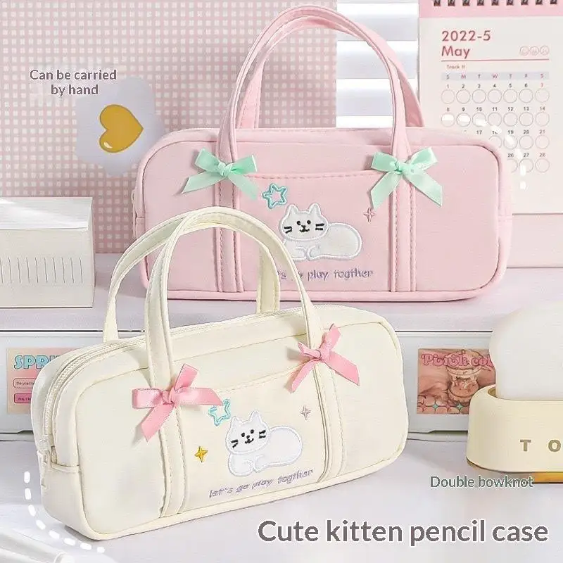 Portable Embroidery Bow Kitten Pencil Bag Small Fresh Aesthetic Stationery Pouch 1PC for Office School Travel Use