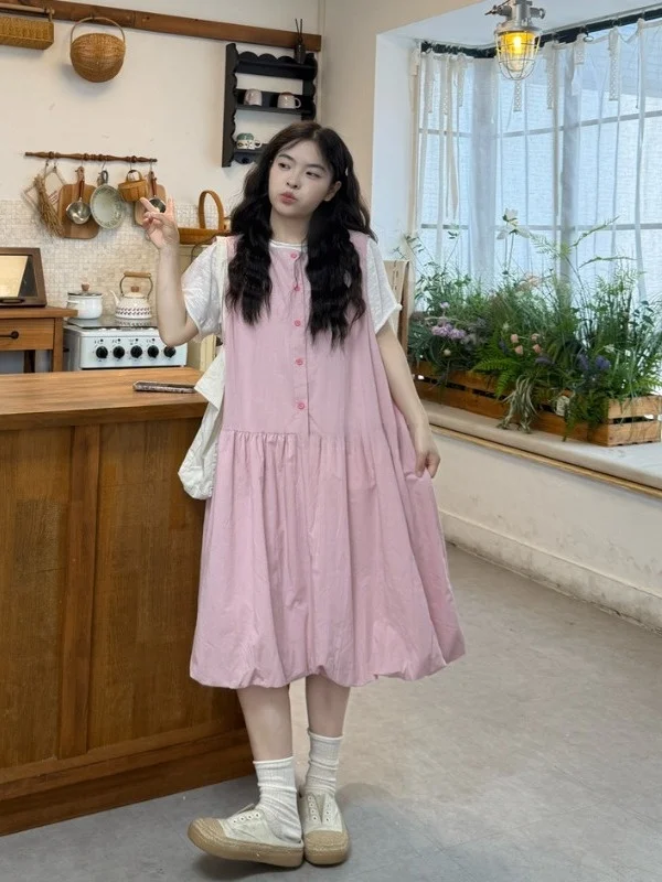 

Женское платье-жилет больших размеров в нежном стиле, розовое, без рукавов, летнее, повседневное, А-силуэт, корейская версия, свободного кроя, миди