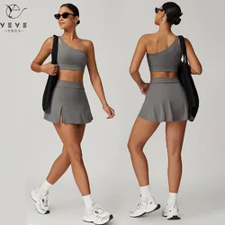 2pc Sports Women Sport Set Sexy Single Shoulder Bra Suit Quick Drying Yoga Clotes Tennis Set Yoga Skirt Sets 6358