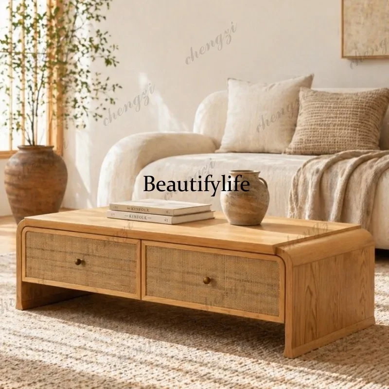 J132 South East Asia style log solid wood coffee table vacation storage tea table coffee table rattan
