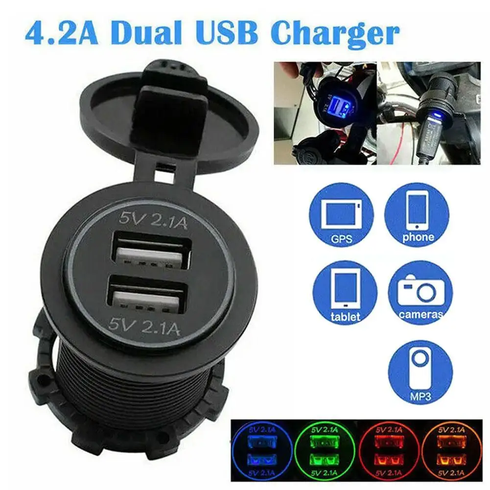 

Универсальное автомобильное зарядное устройство с двумя USB-портами, 5 В, быстрая зарядка, с разноцветной светодиодной подсветкой, IP66, водонепроницаемое, для автомобиля, мотоцикла, лодки, автофургона