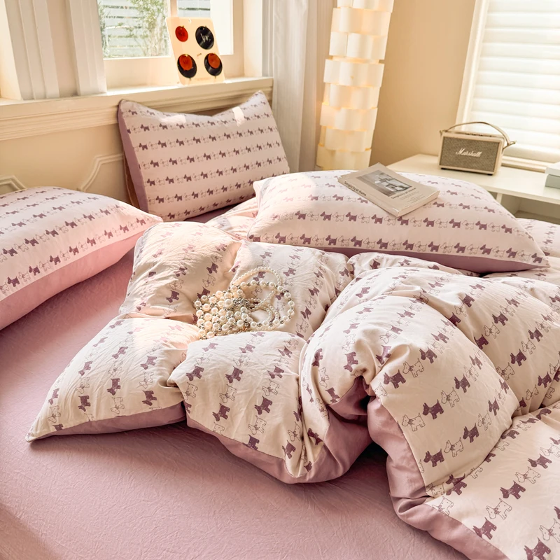 Cute Dog Bedding Set Soft Cartoon Washed Bed Sheet Set Twin Queen Size Duvet Cover Set No Filling With Pillowcases Bedroom Decor