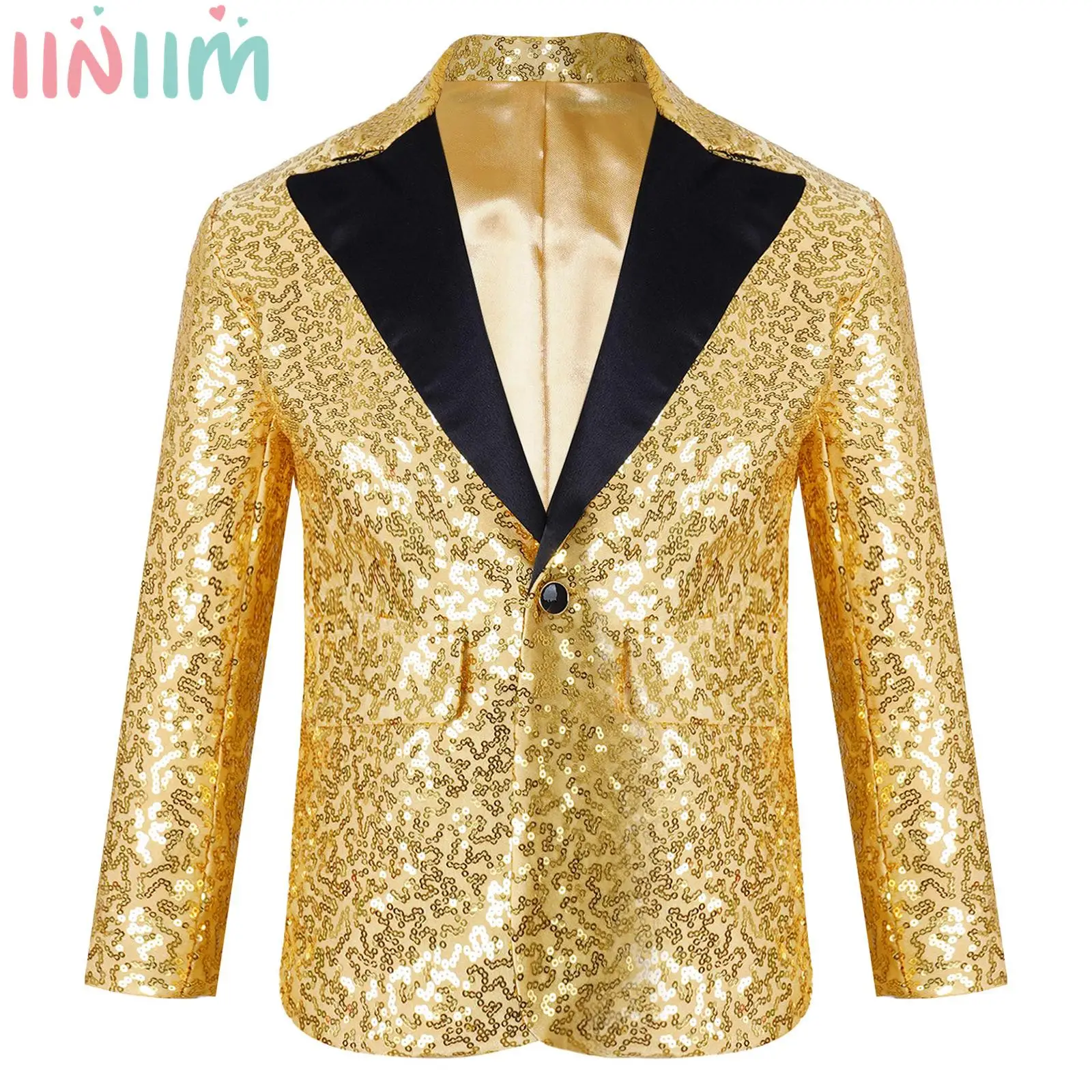 Kids Boys Shiny Sequins Suit Jacket Blazer One Button Tuxedo for Wedding Party Banquet Prom Ballroom Jazz Dance Performance Coat