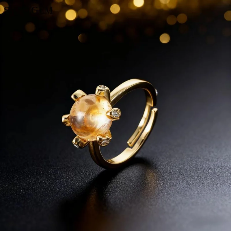 SHINYGEM Natural Healing Crystal Rose Quartz Amethyst Labradorite Citrine 6-Claw With Zircon Women Resizable Ring Jewelry