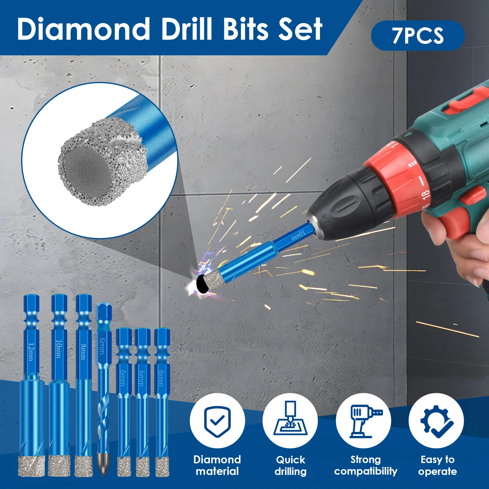 7PCS/Set Diamond Drill Bits Tile Hole Saw Kit 6mm 8mm 10mm 12mm with Hex Shank Quick Change for Ceramic Granite Marble Porcelain