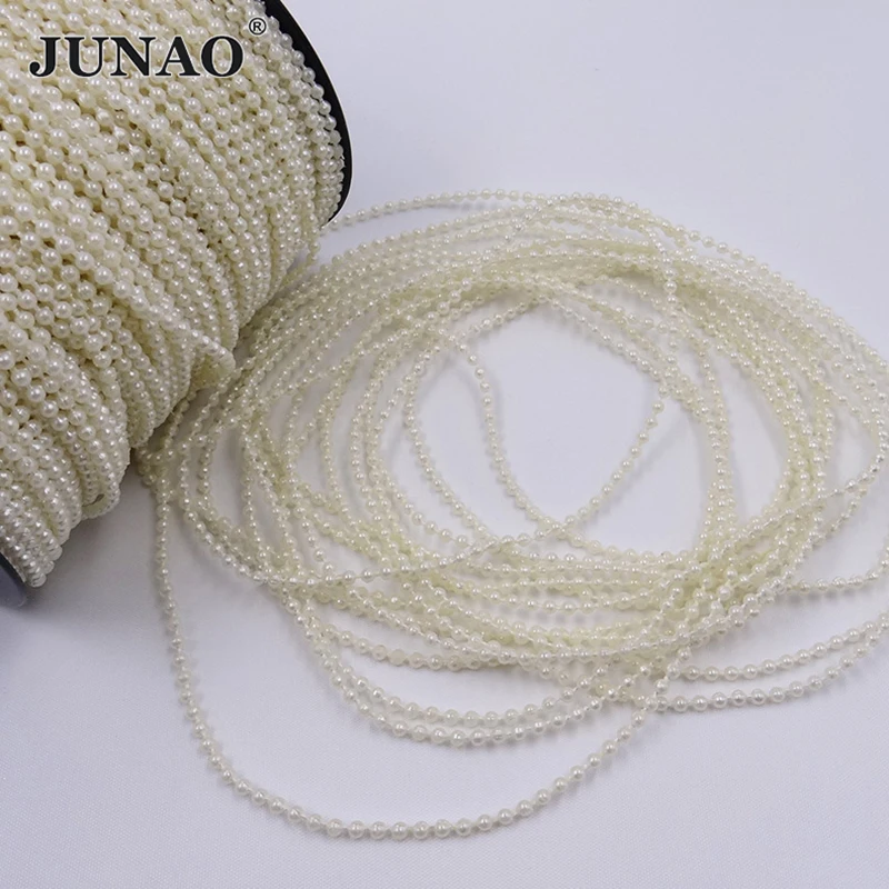 JUNAO 100 Yards 3mm White Round Pearl Chain Plastic Loose Beads Trim Sewing Pearls Strands For Wedding Party Decoration