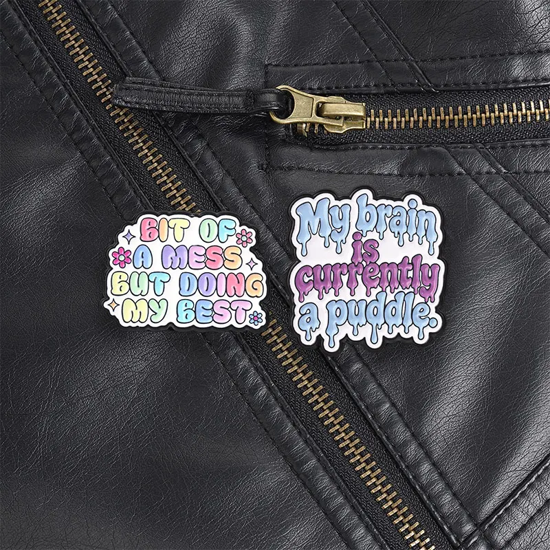 My Brain Is Currently A Puddle Enamel Pin Melting Drip Quote Brooch With Blue Purple Design For Overthinkers And Emotional Style