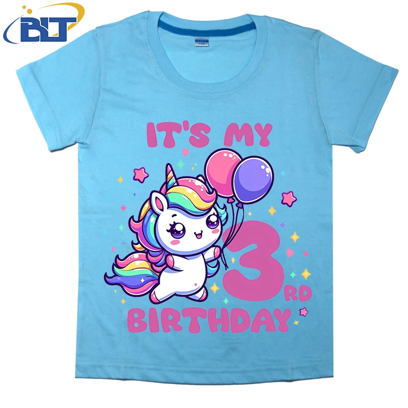 3rd BIRTHDAY GIRL Sweet Unicorn Printed Kidst shirt in summer cotton short -sleeved casual top boys and girls applicable