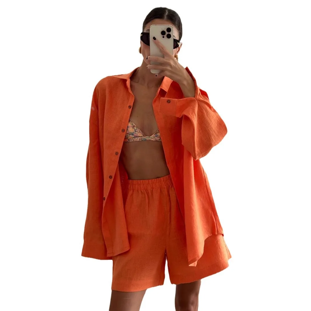 Pure Cotton Button Cardigan Long-sleeved Shorts Suit 2025 Autumn and Winter New Simple Solid Color Casual Suit