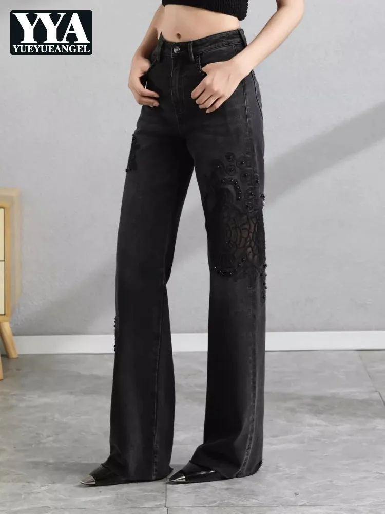 

Spring Summer Flowers Hollow Out Women Jeans Fashion Embroidery High Waist Office Ladies Elegant Loose Fit Wide Leg Denim Pants