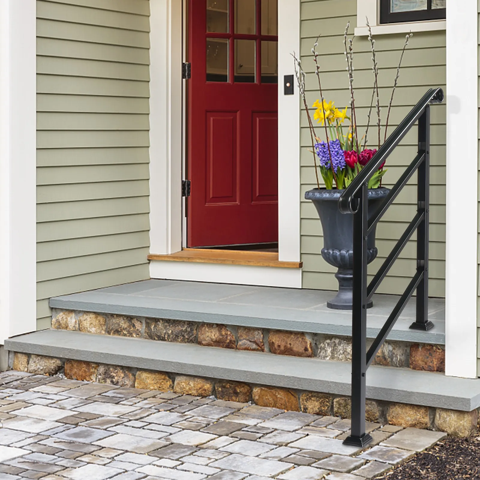 

Iron Handrail Stair Railing Fit 1-3 Step Adjustable Handrail Outdoor Deck Black