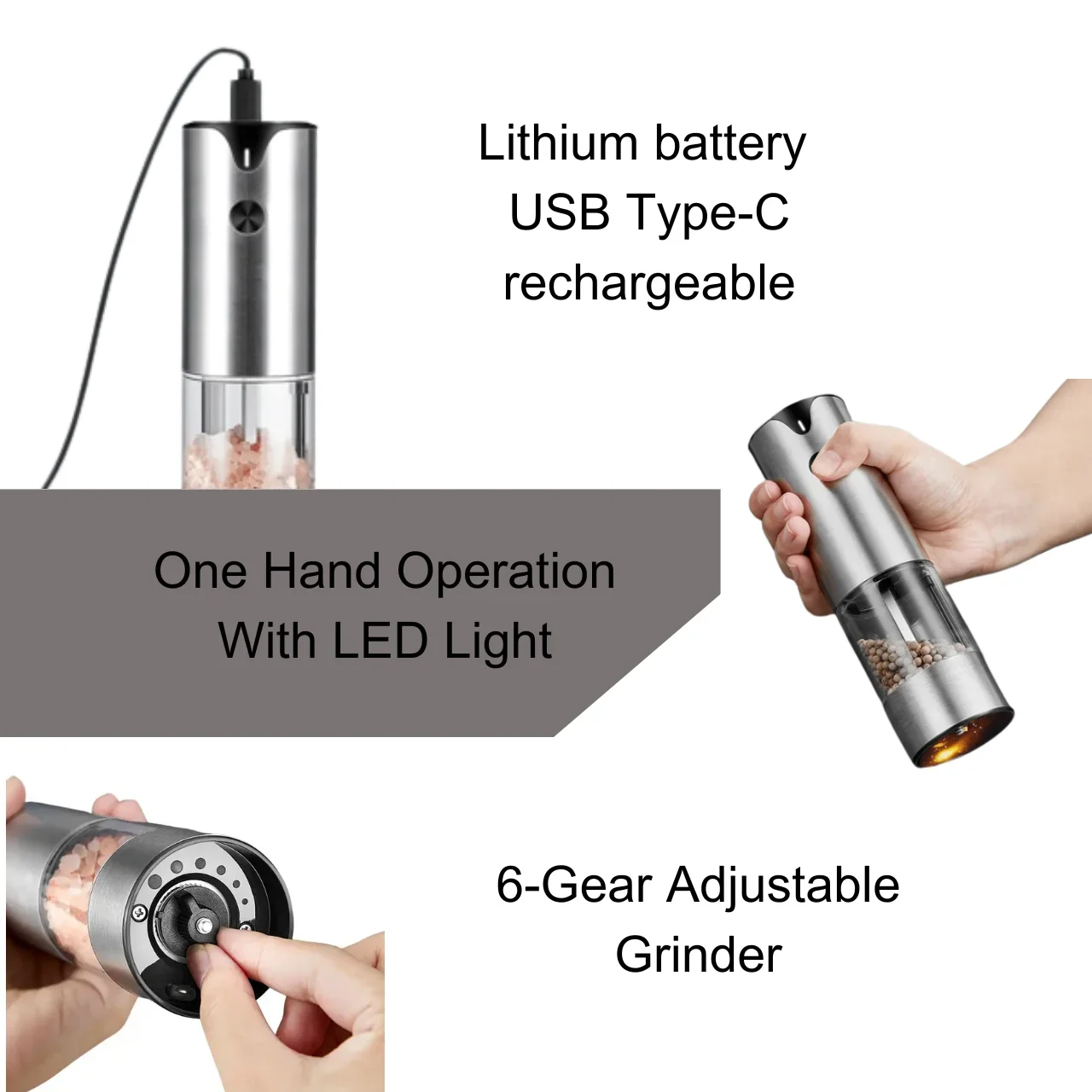 1/2Pcs Electric Salt And Pepper Grinder Set USB Rechargeable Pepper Mills Stainless Steel Automatic Spice Grinders