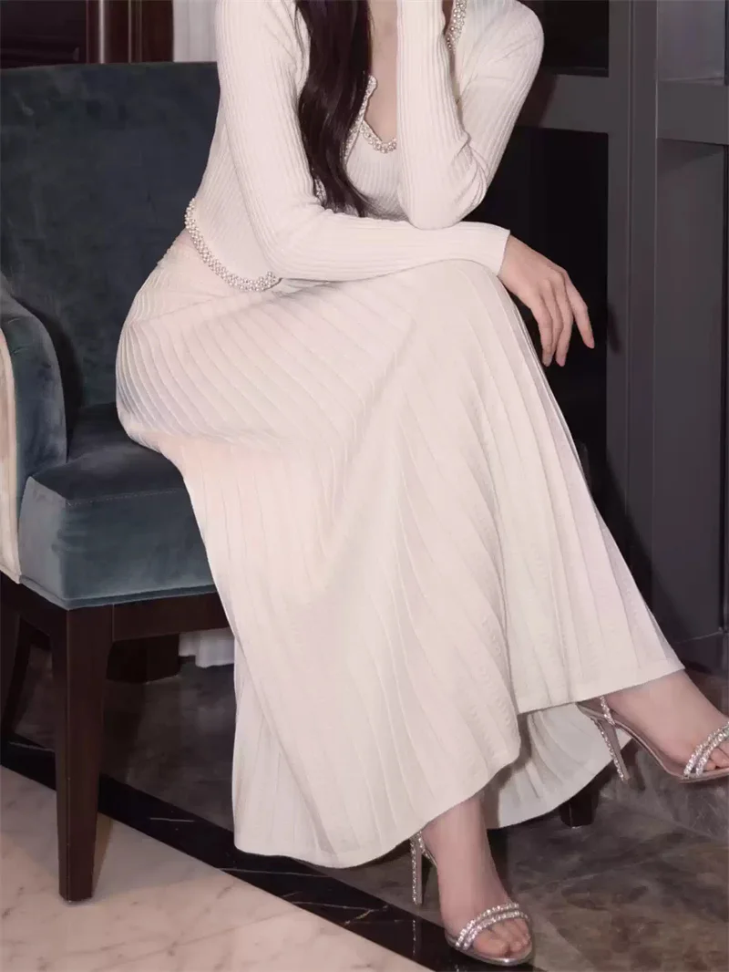 Diamond studded women round neck long sleeved short knit cardigan+backless long dress 2026 new