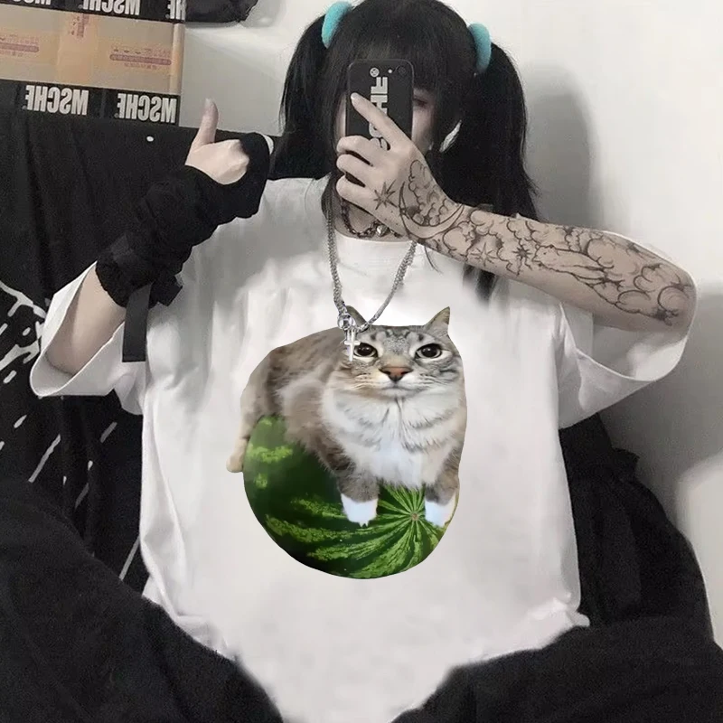 

Unisex Watermelon Cat Meme T-Shirt Silly Print Stylish Humorous Top for Men And Women Funny Graphic Tees