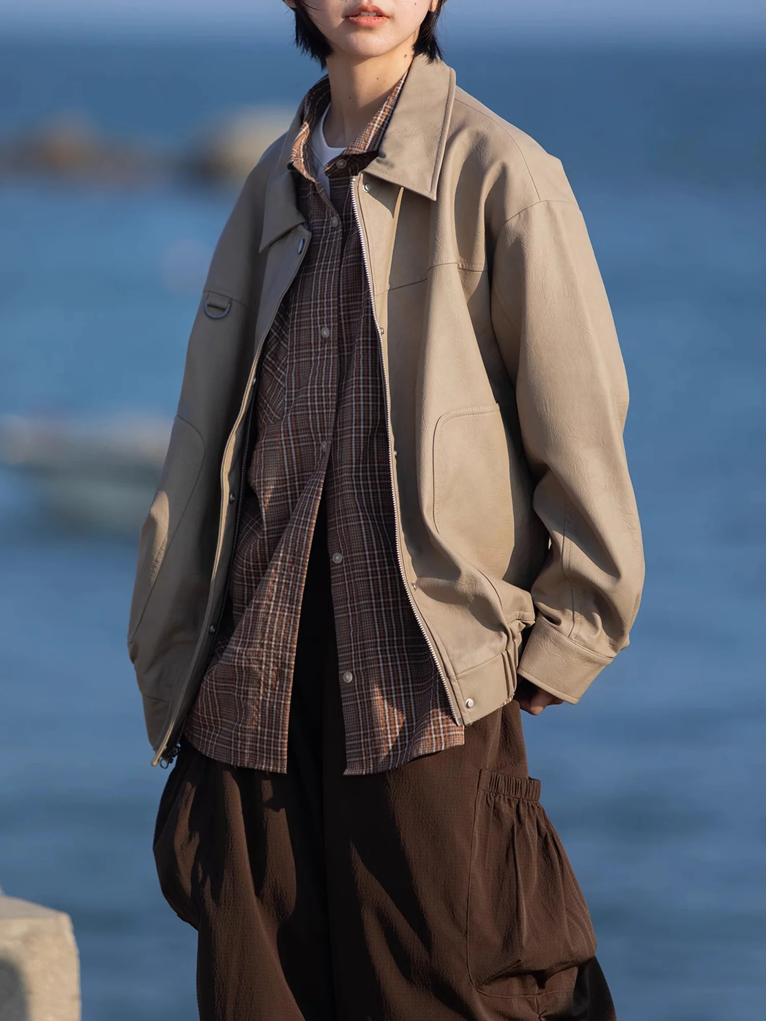 الرجعية اليابانية الشارع Sle الخريف Jaet التخسيس تصميم معطف جلد المرأة Faionable مستقيم قطع طويلة Sve سستة