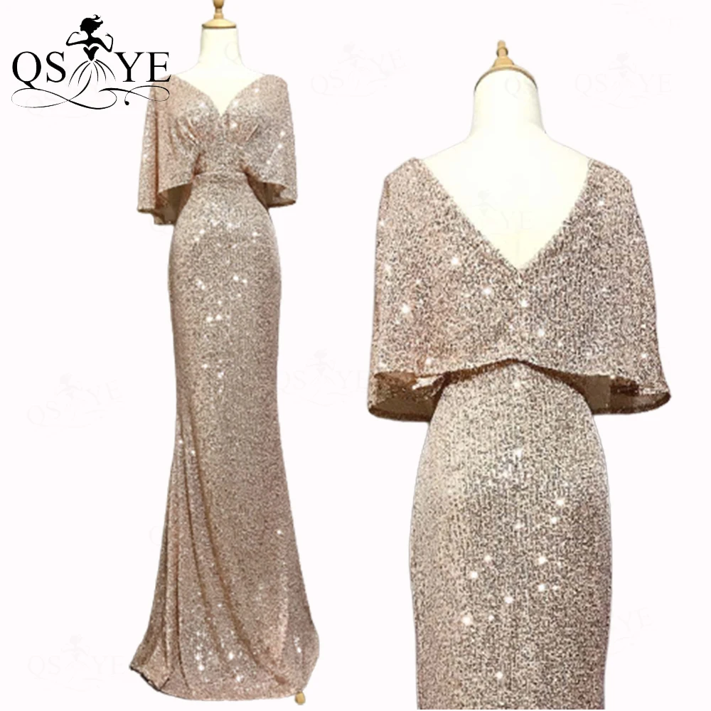 QSYYE abiti da sera dorati sirena maniche corte Sexy scollo a V abito da sera economico Glitter elegante abito da festa maniche a pipistrello formale