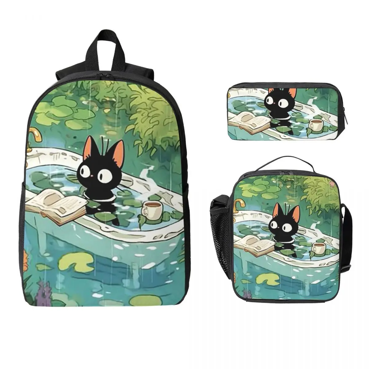 Summer Pool Cartoon Cat Anime Backpack Student BookBag School Bag Computer Shoulder Bags 3ps Insulated Lunch Bag Pencil Case