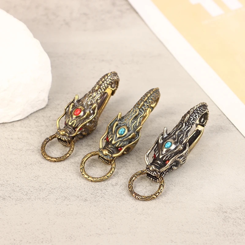 

Pure Brass Red Eyes Dragon Head Keyrings Zodiac Dragon Keychain Vintage Men Waist Buckle Car Key Chain Pendant Gifts Crafts