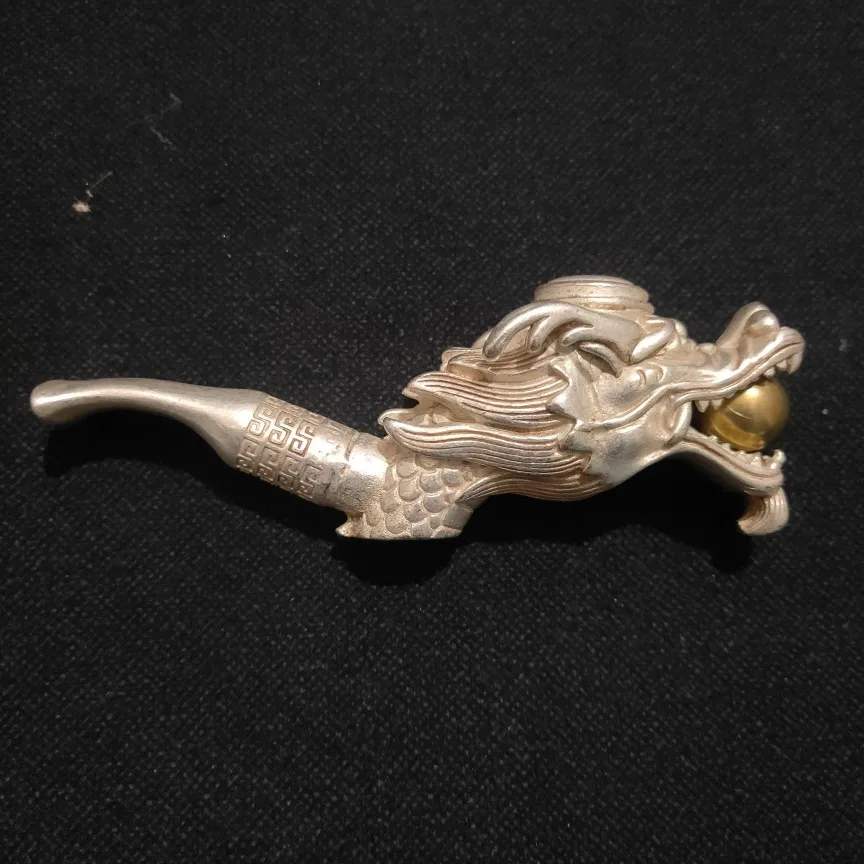 White copper hidden silver pipe with filter dragon and Phoenix pipe pure hand work carving crafts