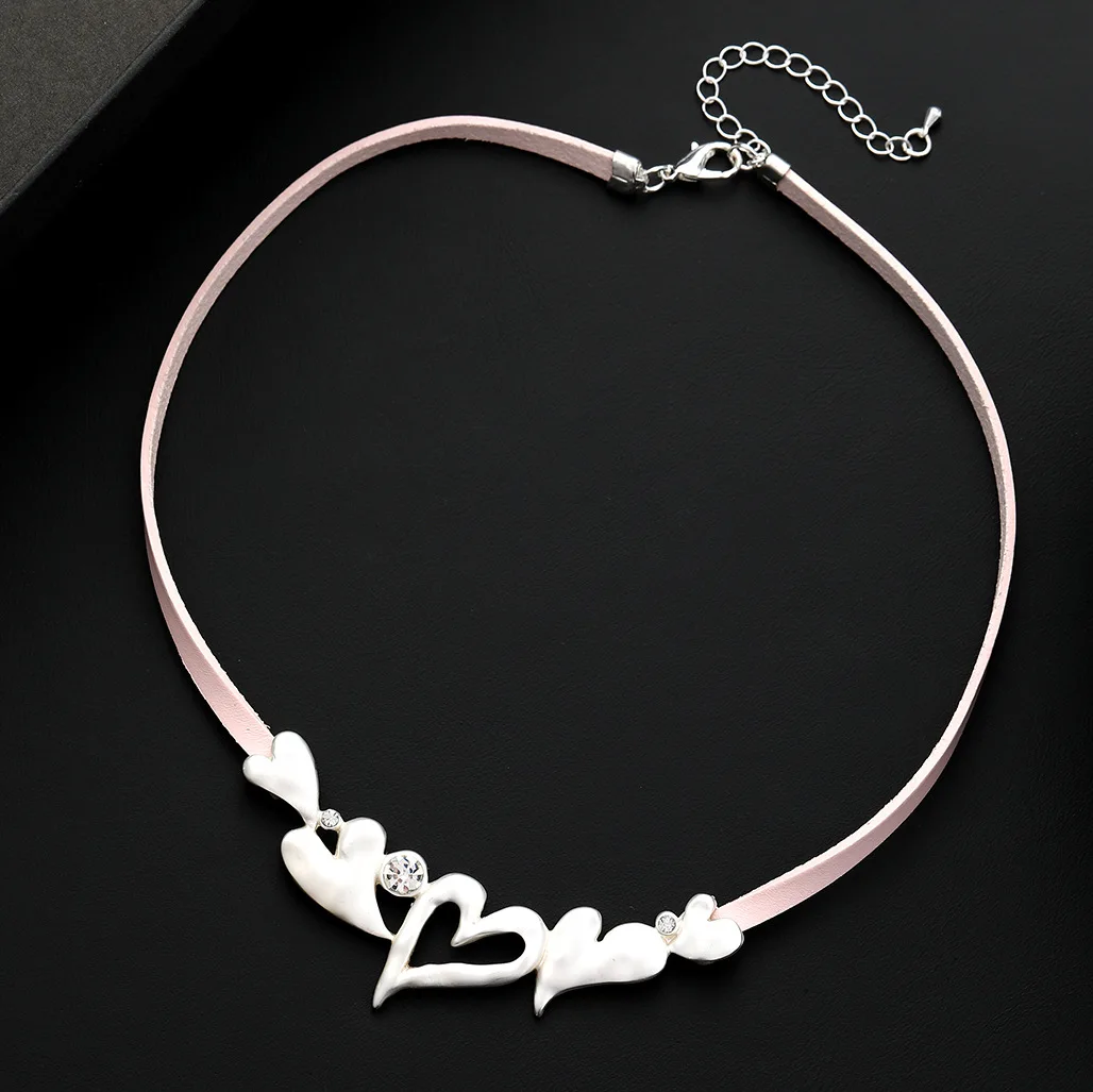 hot-selling love hollow diamond-encrusted leather rope necklace dumb silver love fashionable versatile women's pink
