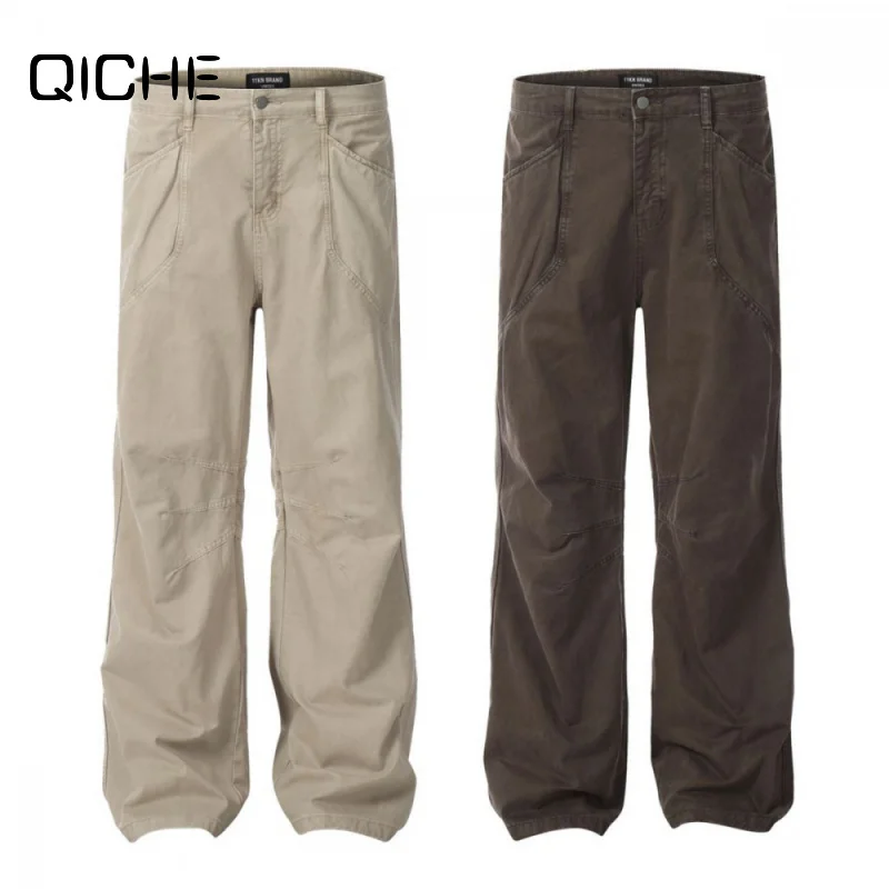 QICHE 2026 Men American Retro Loose Straight Wide‑Leg Jeans Slim‑Looking Versatile Casual Long Denim Trousers