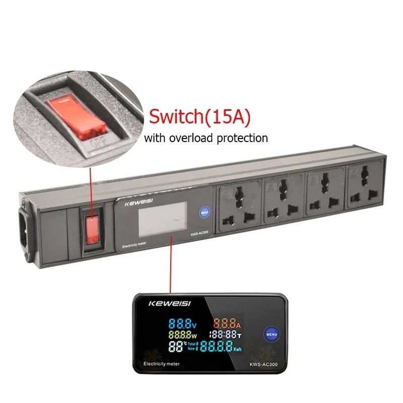 Power Strip With Switch Digital Ampermeter Power Energy Voltmeter Ammeter 2/3/4/5/6/7/8/9/10Ways Universal Socket C14 interface