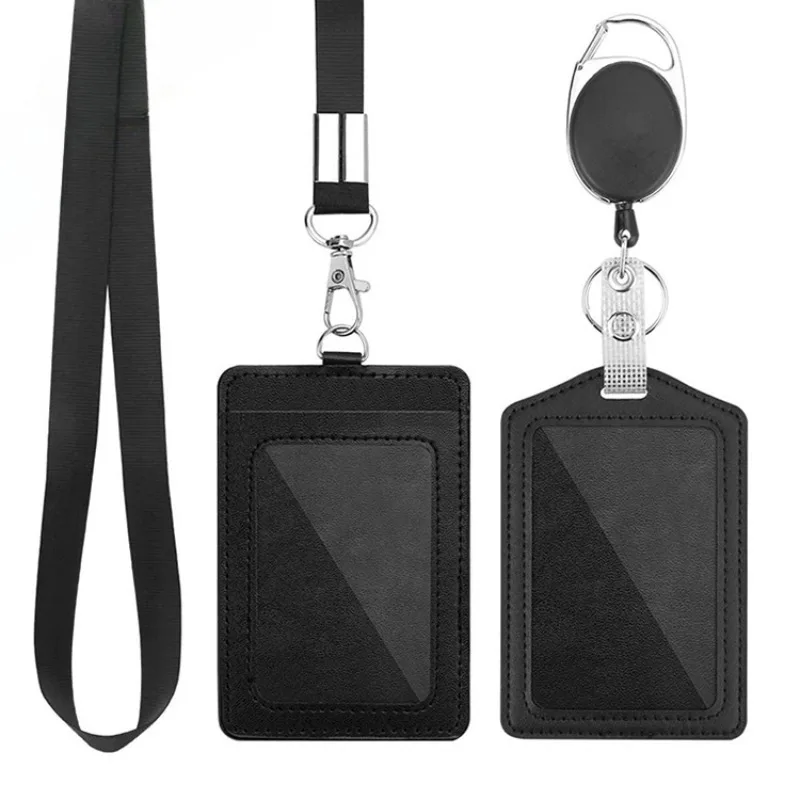 

Black PU Leather Working Permit Case Zinc Alloy Badge Reel for Badge Holder ID Tag Pass Work Card Cover Sleeve Lanyard for Staff