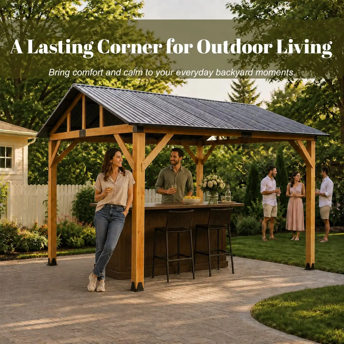 10' x 12' Wood Gazebo with Gable Roof, Hardtop Outdoor Gazebo with Galvanized Steel Roof, Wooden Pavilion for, Customized