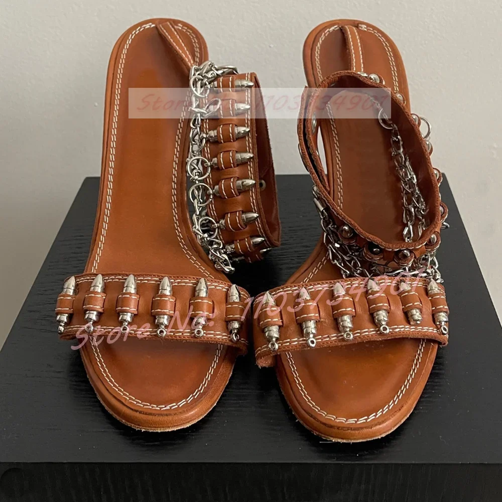 Metal Bullet Cowgirl Sandals Women Fashion Round Toe Ankle Strap High Heels Brown Shoes Ladies Elegant Novelty Open Toe Sandals