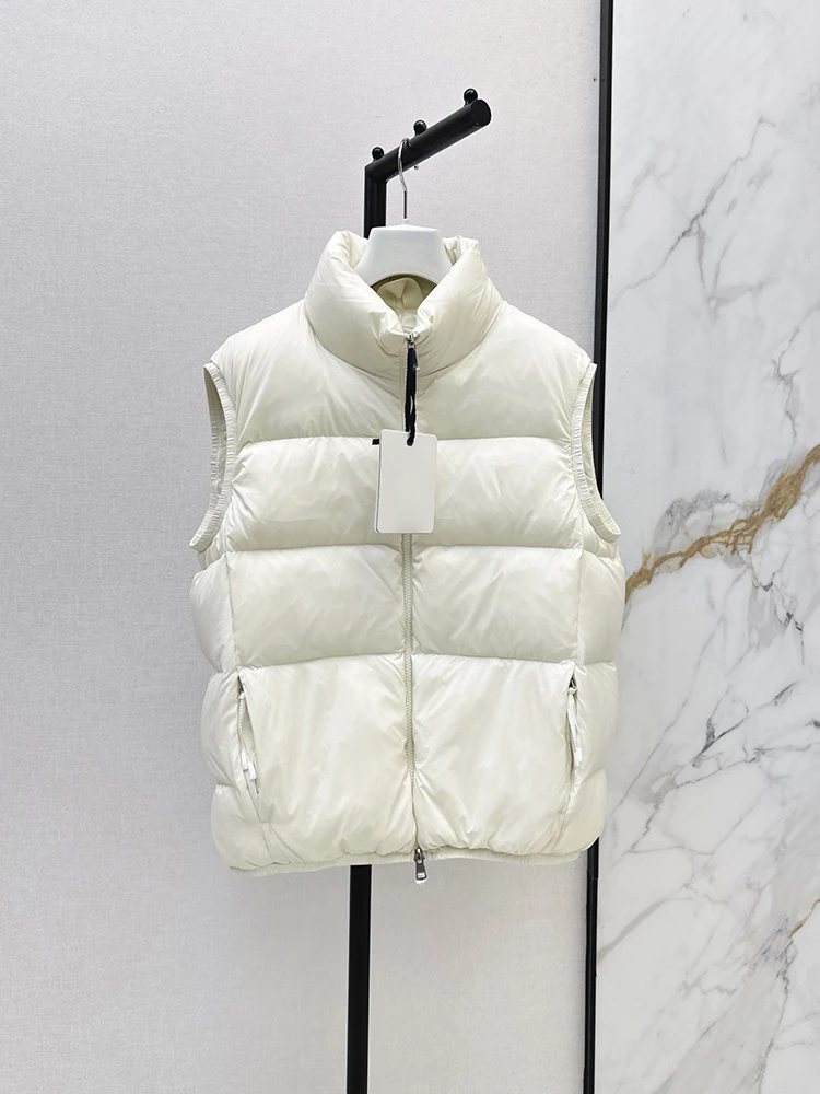 Autumn Winter Fashion Outdoors White Simplicity Casual Down Waistcoat Women's Stand Collar Sleeveless Zipper Pocket Jacket