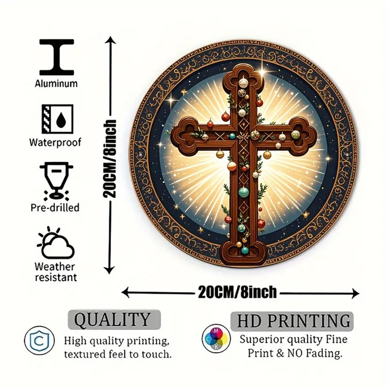 2D Metal Sign Retro Christmas Cross Wall Art, 8x8 Inch Round Aluminum Metal Sign with Glowing Halo and Colorful Ornaments, Unfra