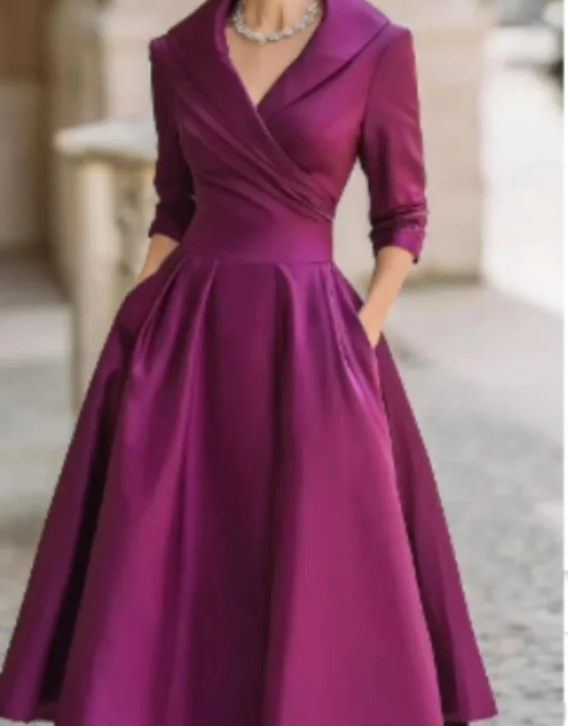 여성용 패셔너블한 출퇴근용 라펠 크로스 플리츠 허리 A라인 원피스