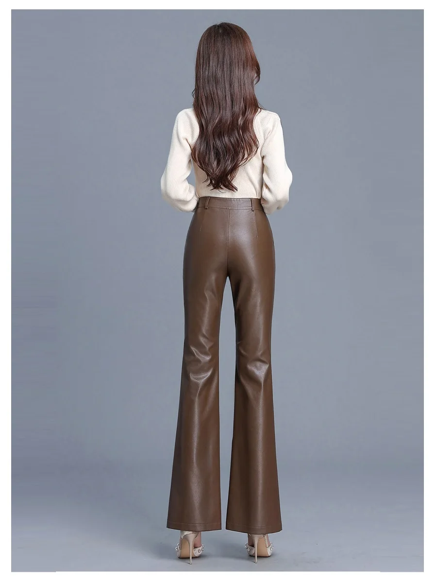 2026 Women's Autumn Winter High Quality PU Casual Pants High Waist Micro Horn Slimming Jeans XJ627