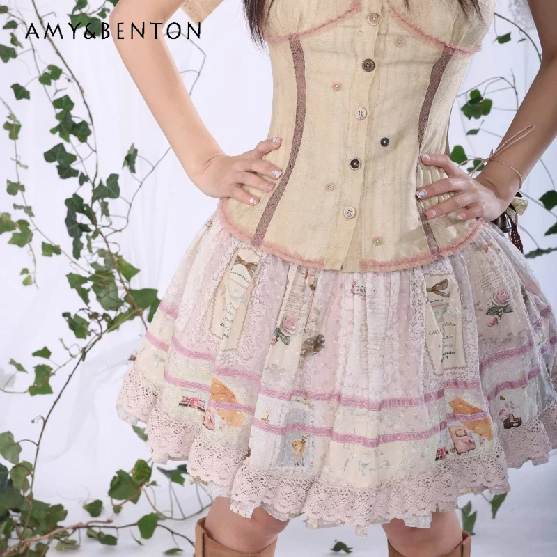 

Retro Printing Lace Splicing Design Women's Short Skirt 2026 Summer New Sweet Cute Loose Versatile Age-reducing Skirts Ladies
