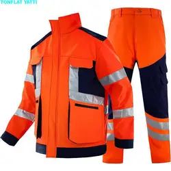 Reflective Jacket Men Work Safety And Pants Set Hi Vis Workwear Fleece High Visibility Men's Clothing Winter Autumn