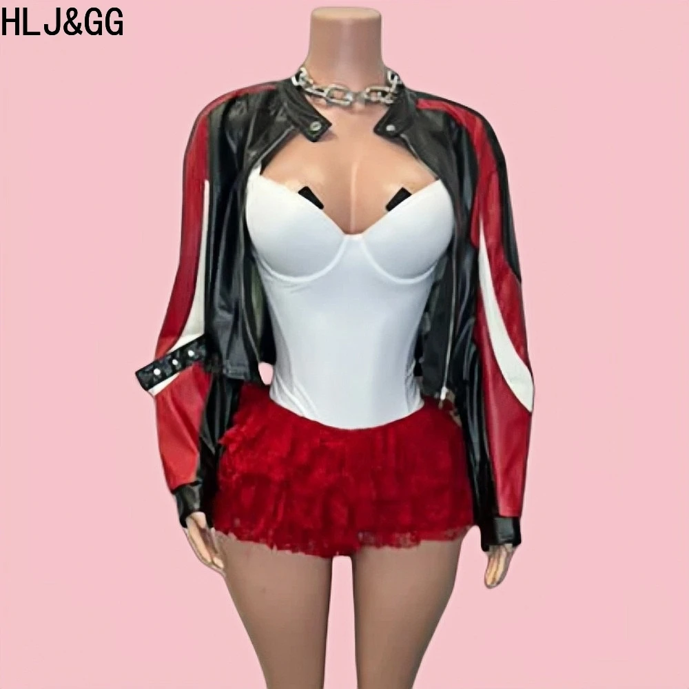 

HLJ&GG Red Fashion Letter Print Leather Jacket 3 Piece Sets Women Zip Long Sleeve Crop Top+Bodysuits+Lace Ruffle Skirts Outfits