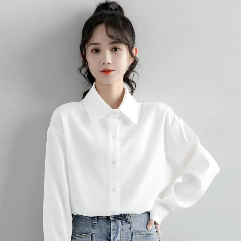 

Long Sleeve Shirts Womens Cotton Striped Buttoned Blouses Puff Sleeves Turn Down Collar Minimalist Preppy Feminine Retro French