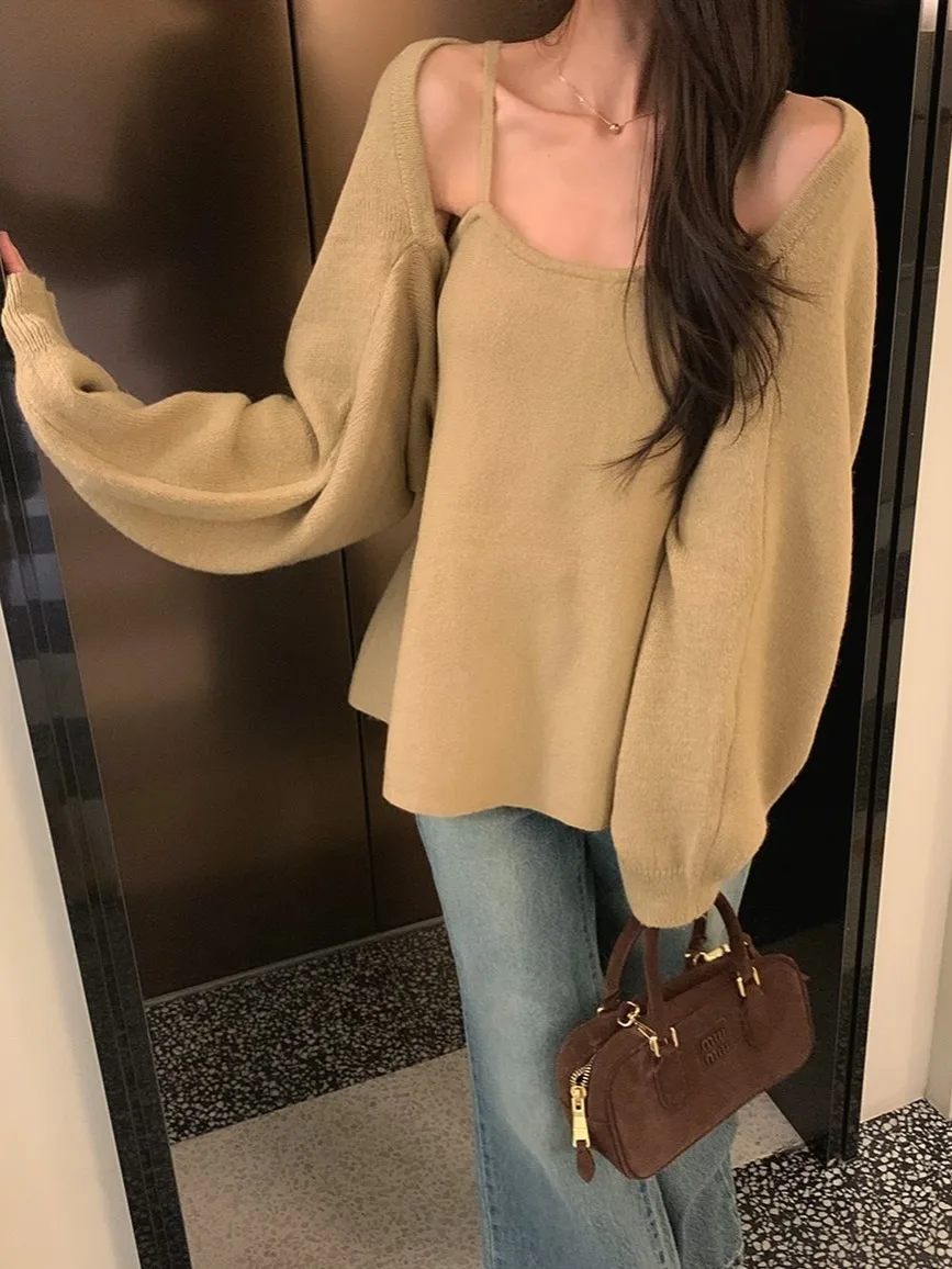 

Versatile Knitted Vest Strap Women's Long Sve Cardigan Outerwear Chic Autumn New Sle Retro Base Layer Knitwear