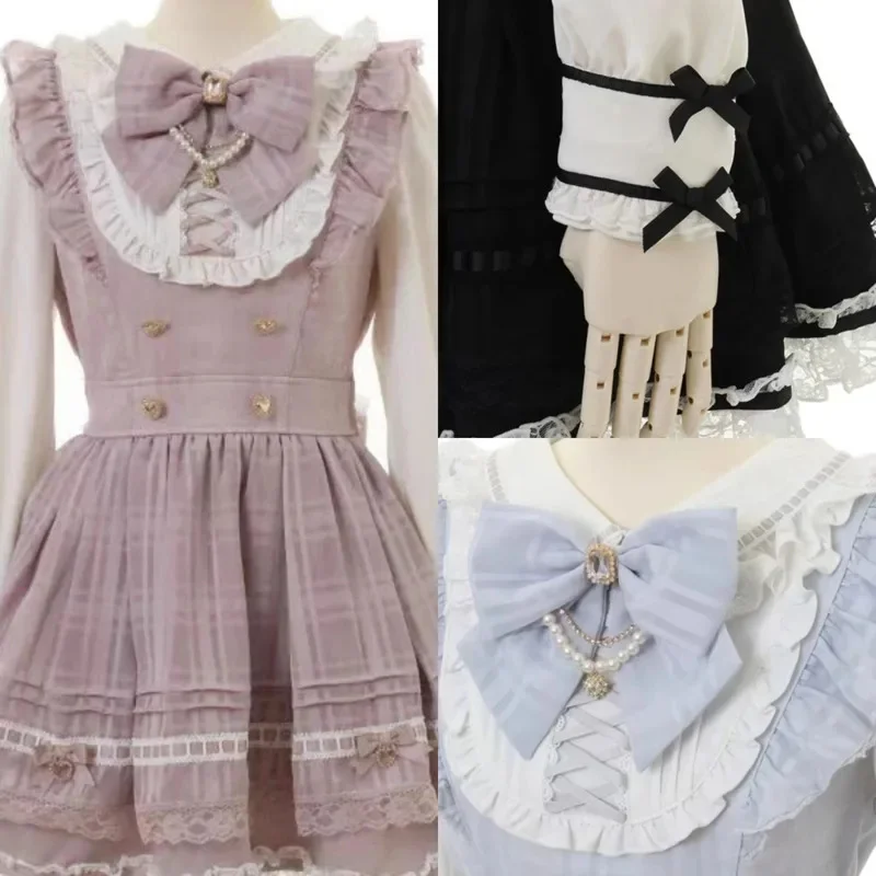 

Bow JK Lolita Dresses Lace Landmine Bow Japan 4 Seats Built-in Skirt Support Doll Collar Button Cute High Waisted V-neck Dress