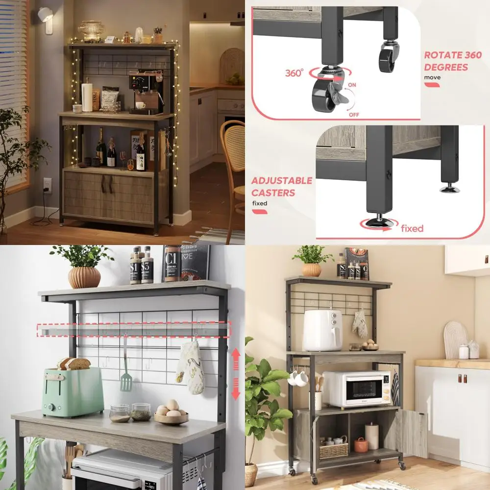 Height-Adjustable Kitchen Bakers Rack with Storage Cabinet and Wheels for Industrial Rolling, Ideal for Microwave Stand
