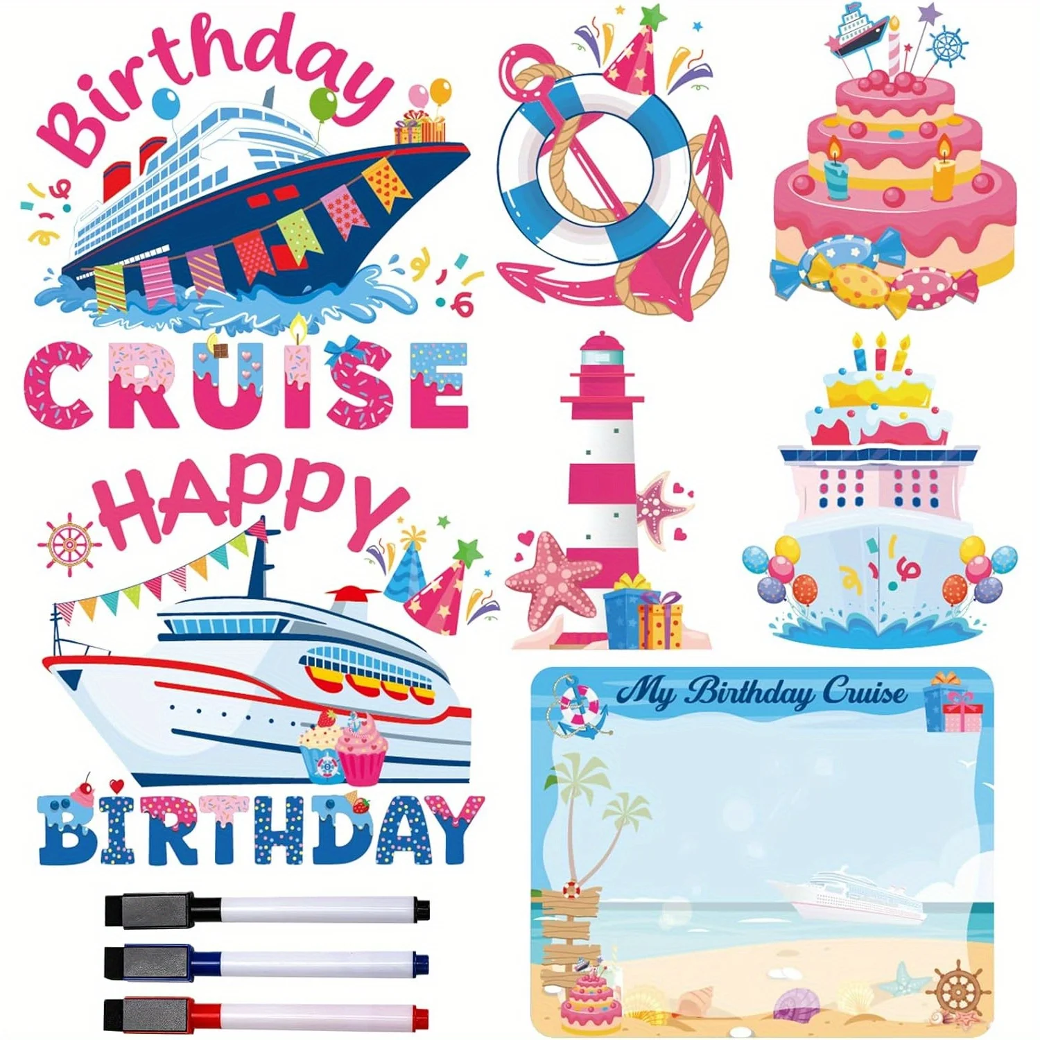 Birthday Cruise Door Magnets - 7 PCs Happy Birthday Magnet Stateroom Pink Decorations Magnetic Ship Cabin Stickers for Girl Car