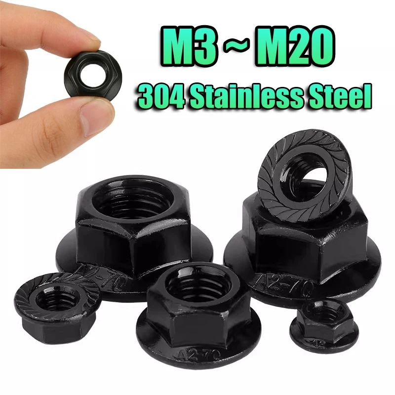 Black Sus304 Stainless Steel Flange Nut M3 M4 M5 M6 M8 To M20 Metric Hexagonal Hex Serrated Spinlock Flange Nut Locknut