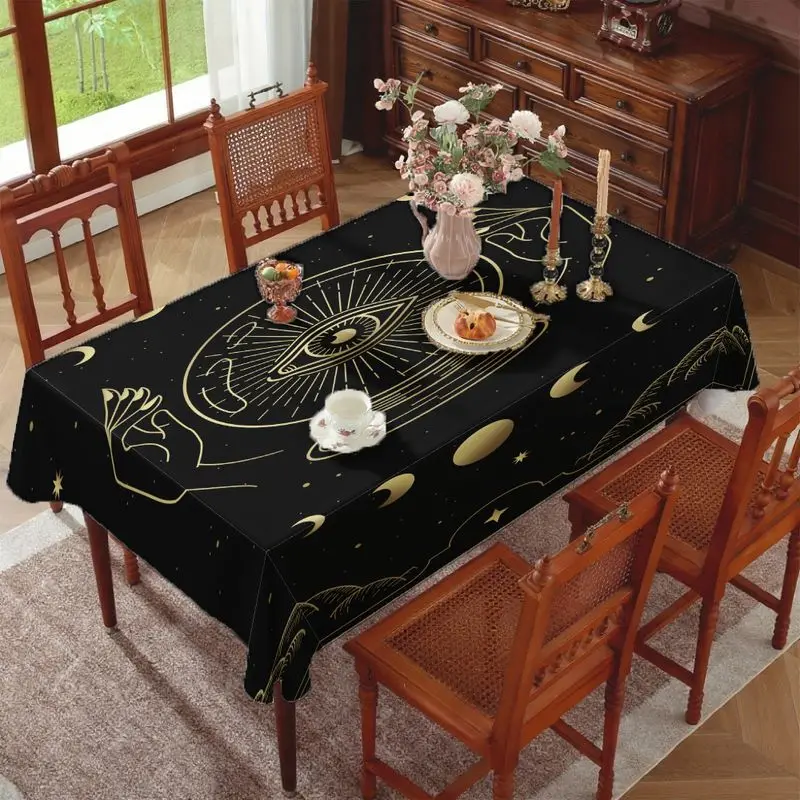 VIKAMA Black Gold Celestial Moon Sun Rectangular Tablecloth, Mystical Waterproof Dining Kitchen Table Cover Home Decor