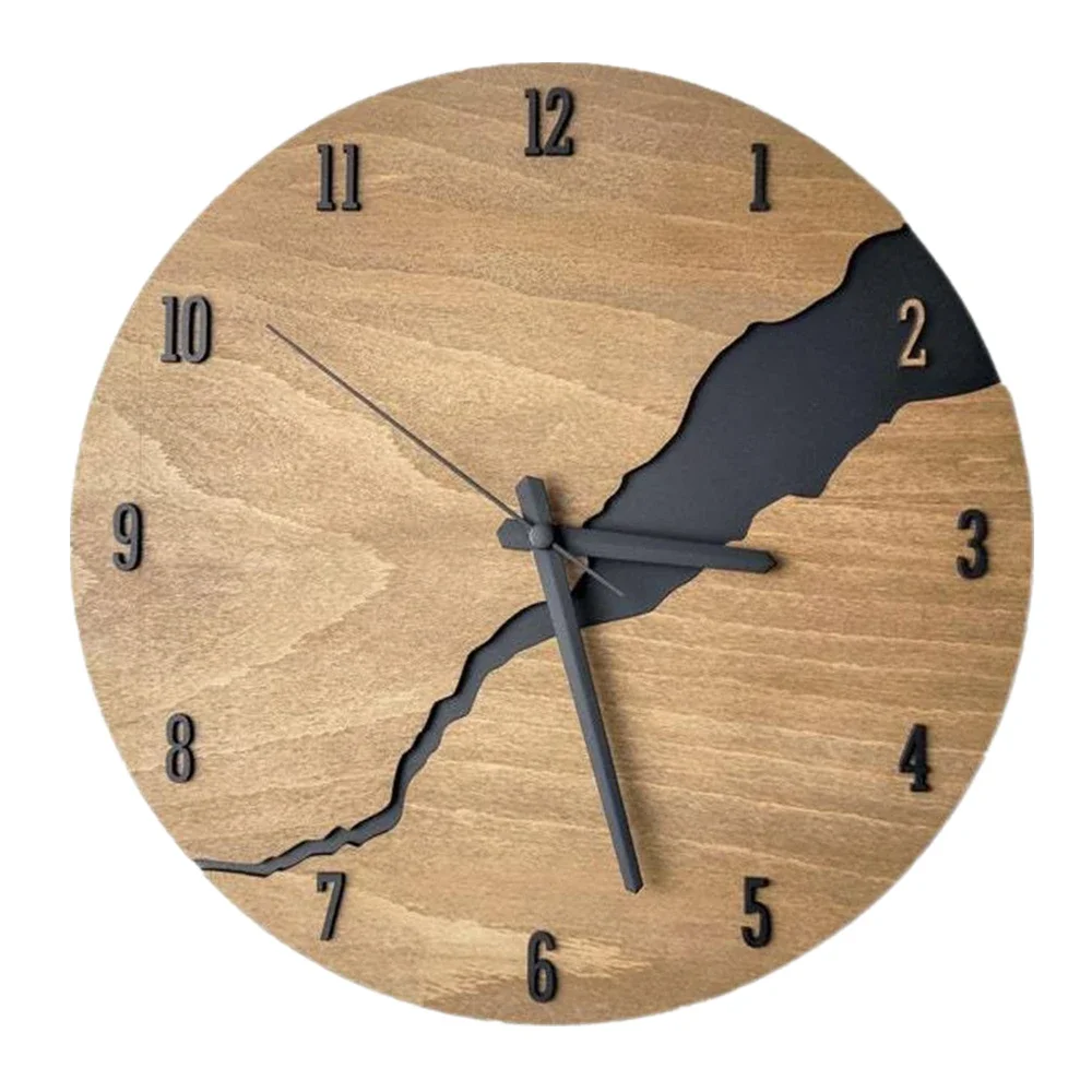 12Inch Simple Cracked Wooden Wall Clock Silent Non-Ticking Large Wall Clock Creative Big Wall Clock Decor for Living Room Office