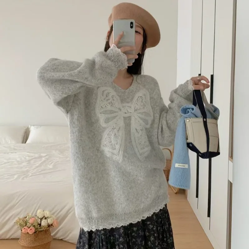 Loce Sweater wanita musim gugur musim dingin, pakaian luar gaya malas Korea, pullover rajut, leher V longgar, pakaian musim gugur dan musim dingin 2025