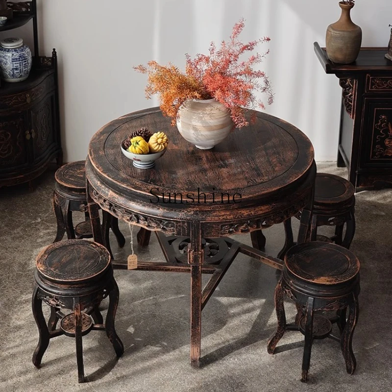 

Small round solid wood Chinese antique old dining table and chair combination drinking tea round table classical