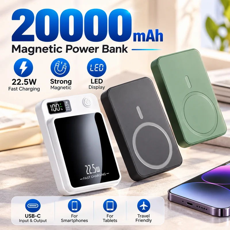 20000mAh Magnetic Wireless Power Bank Fast Charging Portable Charger For iPhone Xiaomi Huawei Mobile Phone Travel Battery Pack