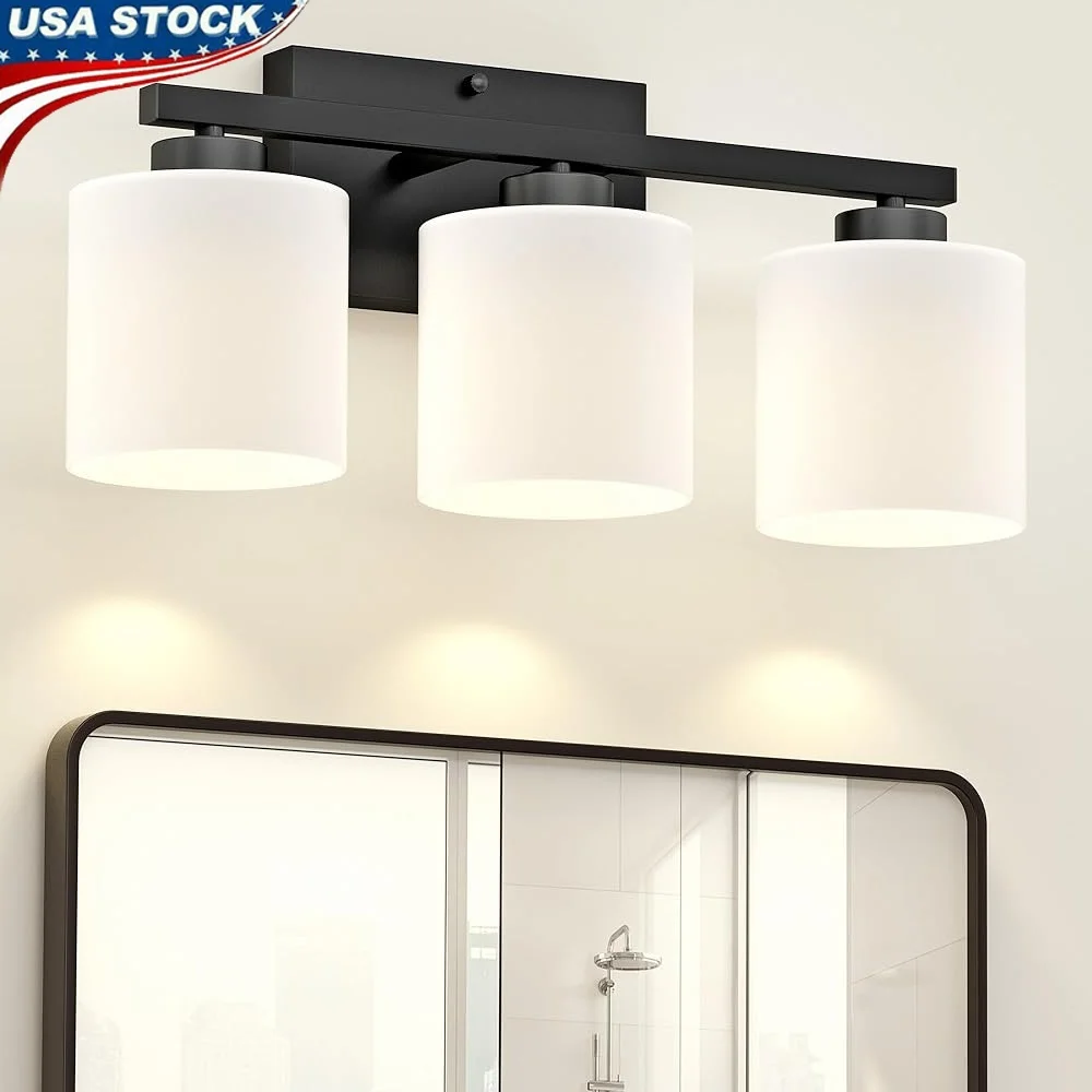 

Modern 3-Light Bathroom Vanity Lights Rustproof Black Fixture Frosted Glass Shade E26 Base Easy Install Bathroom Lighting