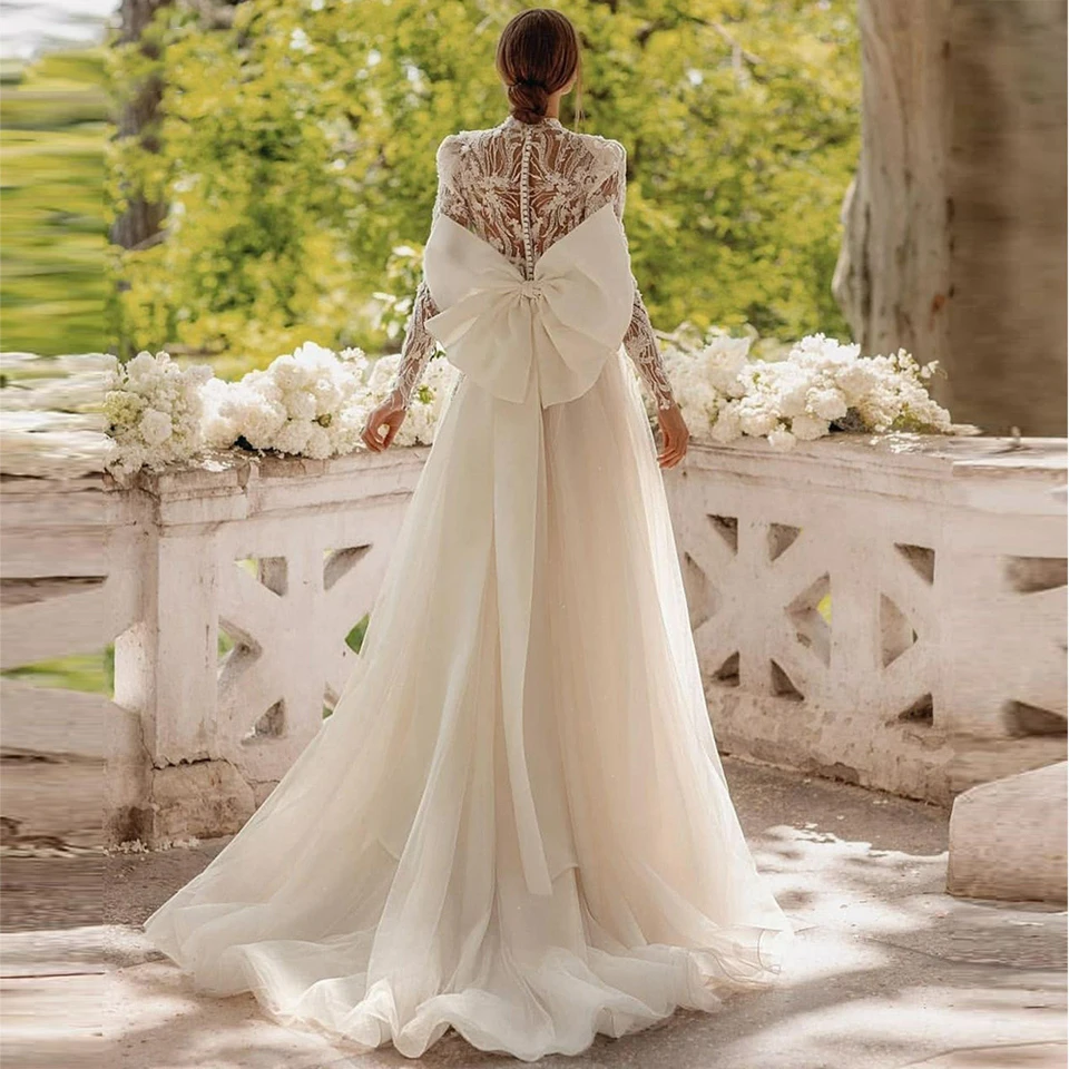 Customized Bohemian A-Line Wedding Dresses Elegant Illusion Bow Bridal Gown Beach Party Long Sleeves Vestidos De Novia 2024